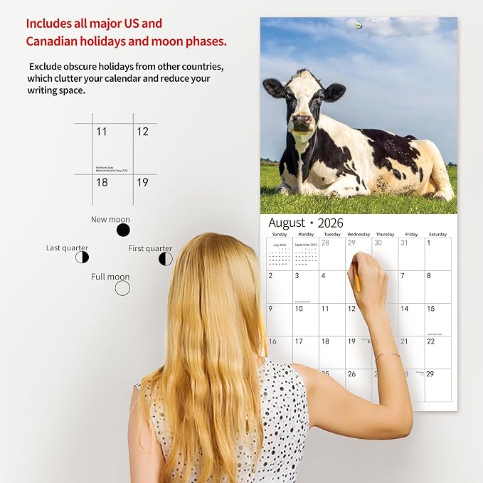 2026 Wall Calendar,Calendar 2026, November 2025 - December 2026, Wall Calendar Cows, 12" x 24" Opened,Full Page Months Thick & Sturdy Paper for Calendar Organizing & Planning