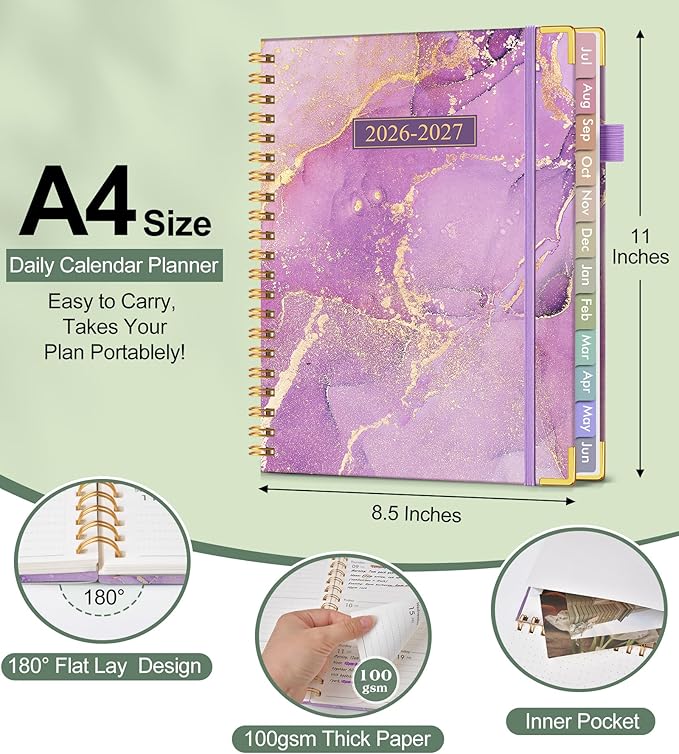 Academic Planner 2026-2027, Hardcover Weekly and Monthly Calendar Planner from July 2026 - June 2027, Daily Agenda Planners with Tabs, College School Organizer for Student Teacher, A4 (8.5" x 11"), Purple Marble