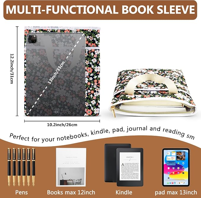 Likesing Book Sleeve for Book Lovers, 12.6" x10.6" Book Cover for Hardcover Paperbacks Bible Textbook Comic Kind1e Journal, Book Pouch with Zipper Gifts for Readers Book Lovers Women(Daisy)