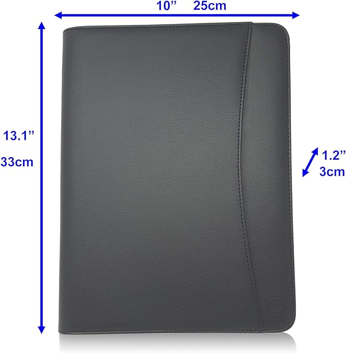Matt Black Zippered Portfolio Binder - Lean PU Leather Business Executive Portfolio Organizer Folder - Padfolio for Men & Women with US Letter Notepad & Gift Box by Lautus Designs
