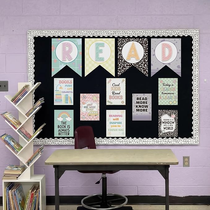 Reading Classroom Decorations Library Posters Bulletin Board Sets for Elementary Classroom Pennants Decor for Back to School Nursery Library Teacher Supplies(Macaron Colors)