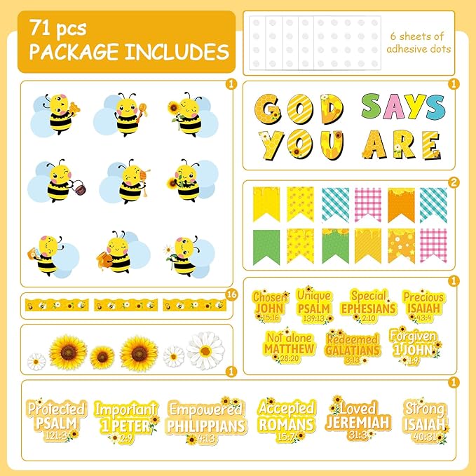 gisgfim Christian Bulletin Board Decorations Bee Sunflower Paper Cutouts God Says You are Inspirational Classroom Decor Religious Bulletin Board Set for Sunday School Church Wall Decor Supplies