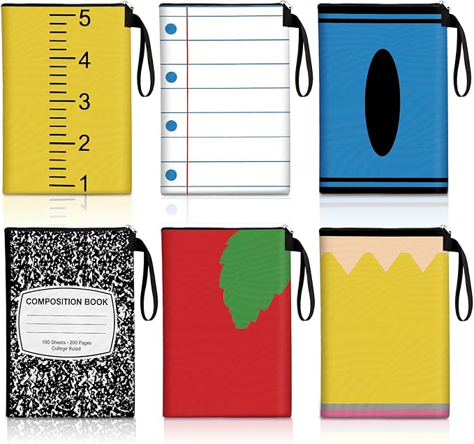 Feifeiya 6 Pcs Back to School Book Sleeves Book Pouches with Zipper Pencil Crayon Notebook Line Theme Books Protector Pocket Back to School Party Favors Gifts for Students Books Lover Reader Friends