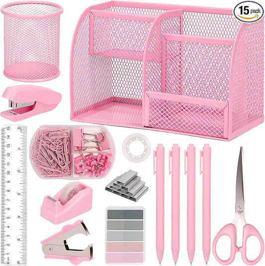 Comkrivy 1181 PCS Pink Desk Accessories for Women Office, Girls Desk Organizers and Accessories with Mesh Desk Organizer, Pen Holder, Stapler, Tape Dispenser, Scissors Women Pink Office Supplies Set