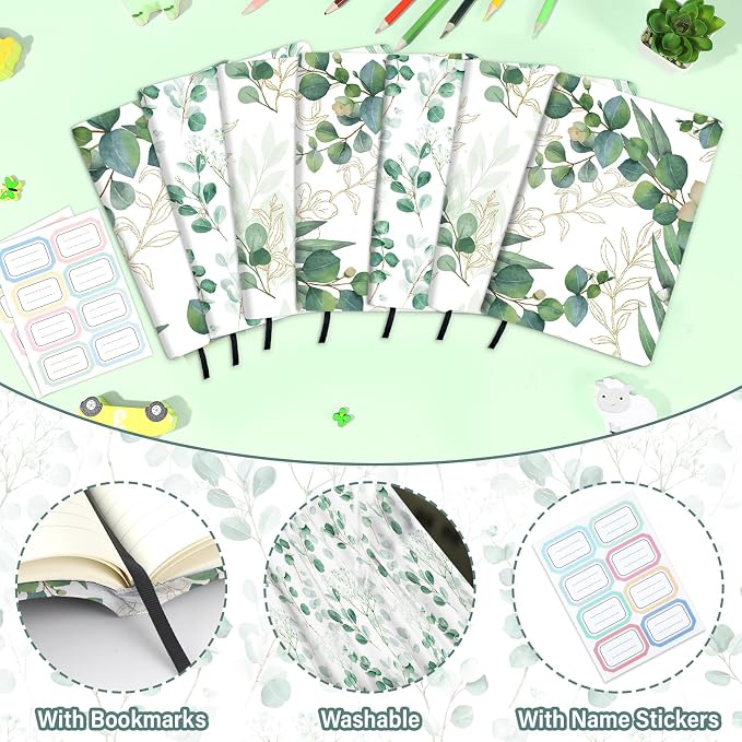 Jumbo Book Covers 7 Pack Reusable Fabric Book Cover Protective Books Covers 9 x 11 Inch Eucalyptus Stretchable Books Sleeve Cover with Label Sticker for Most Hardcover Textbooks Up to 10 x 12.5 Inch