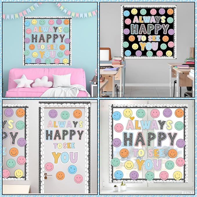 Composition Smile Face Bulletin Board Decoration Back to School Decor Always Happy to See You Bulletin Board Set Pastel Smile Face Paper Classroom Cutouts for Chalkboard Wall Door Decor Supplies