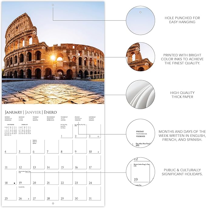 Graphique 2026 Wonders of the World Wall Calendar | 12” x 12” | Thick Paper | Home & Office Organizer | Large Monthly Grid | 3 Languages & Marked Holidays | 4 Month Preview Page for 2027