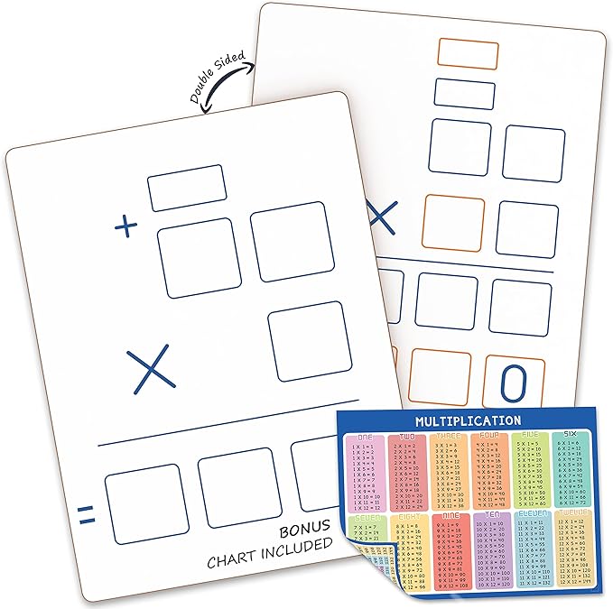 SCRIBBLEDO Dry Erase Long Multiplication Board 9"x12" Double Sided Practice Whiteboard with 2x1 & 2x2 Digit Multiplication for Home, School, Classroom Math Manipulatives for All Ages