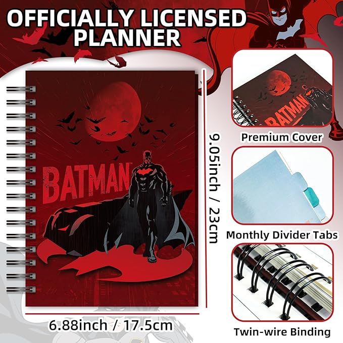 Batman 2026 Planner – Superhero Undated Daily Weekly & Monthly Planner with Calendar & Holiday Tracker, Monthly Tabs, Habit Tracker, 12 Months Spiral Agenda Book for Office School Gift Supplies
