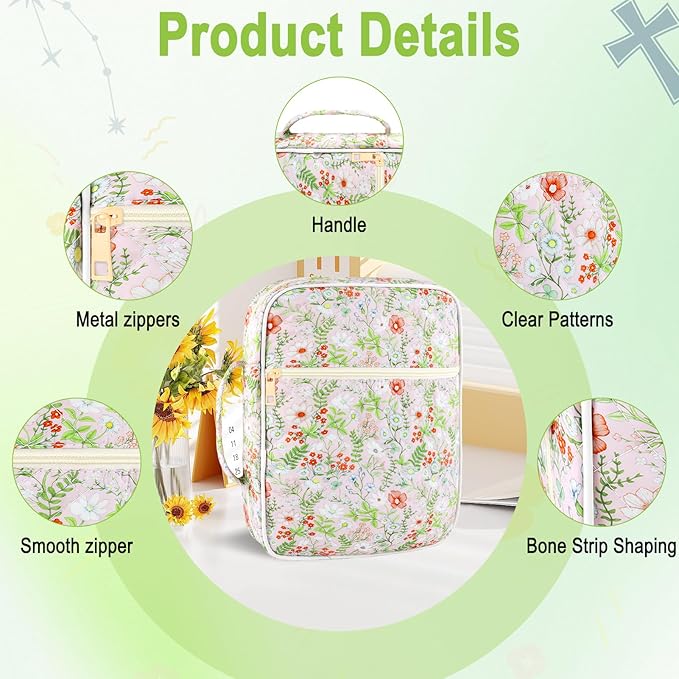 Zkptops Bible Cover Case for Women Large Bible Bag Cotton Quilted Bible Carrying Case with Zipper Pocket and Handle Carrying Book Cover for Christian Study Supplies Christian Gift(Jungle Flowers)