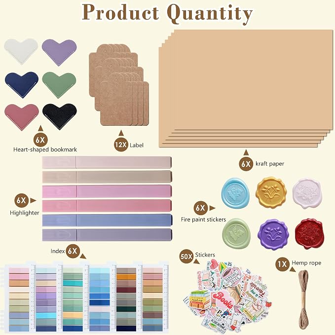 J6&H6 6 Set Blind Date with a Book Gift excluding Books,Gift Set Including Wax Seal Stickers, Index,Stickers,Kraft Paper Labels,Highlighters,Kraft Paper Perfect for Literary Gifts (Ordinary)
