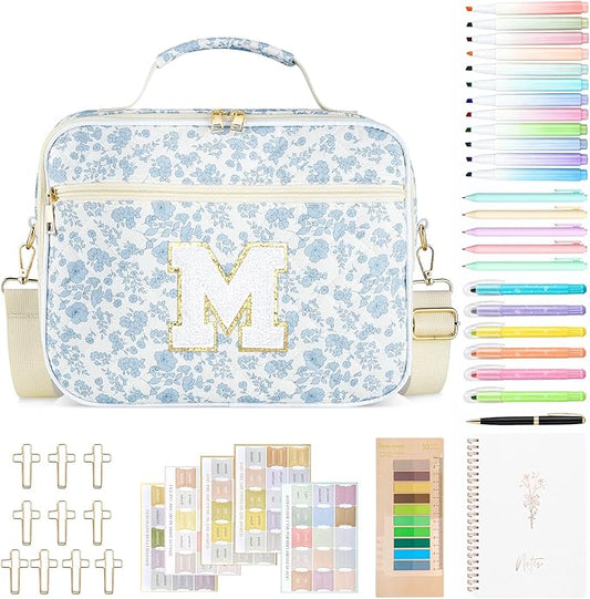 Personalized Initial Bible Cover Case for Women, Large Quilted Bible Bag with Durable Handle, Stylish Church Bag Journaling Kit with Study Supplies Accessories, Christians Gifts for Women (Blue-M)
