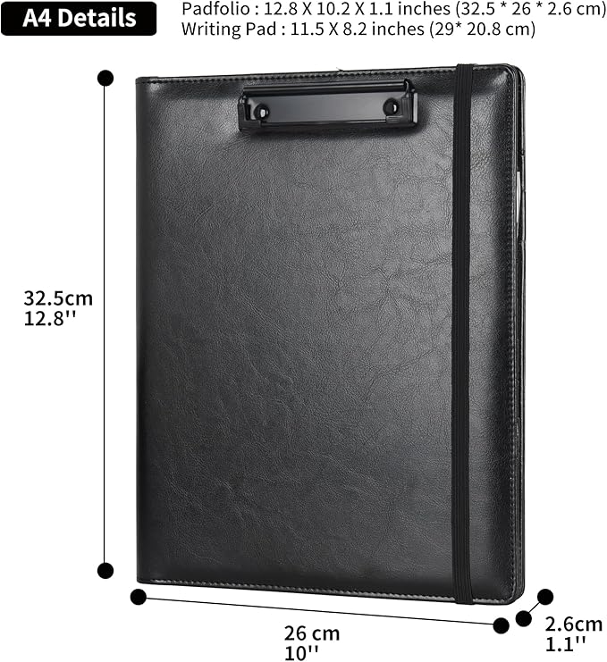 Wonderpool A4 PU Leather Clipboard Partfolio Notepad Forms Holders Document Case - Interview Planner Meeting Writing Padfolio File for Office Travel School Hotel Hospital (A4,Black)