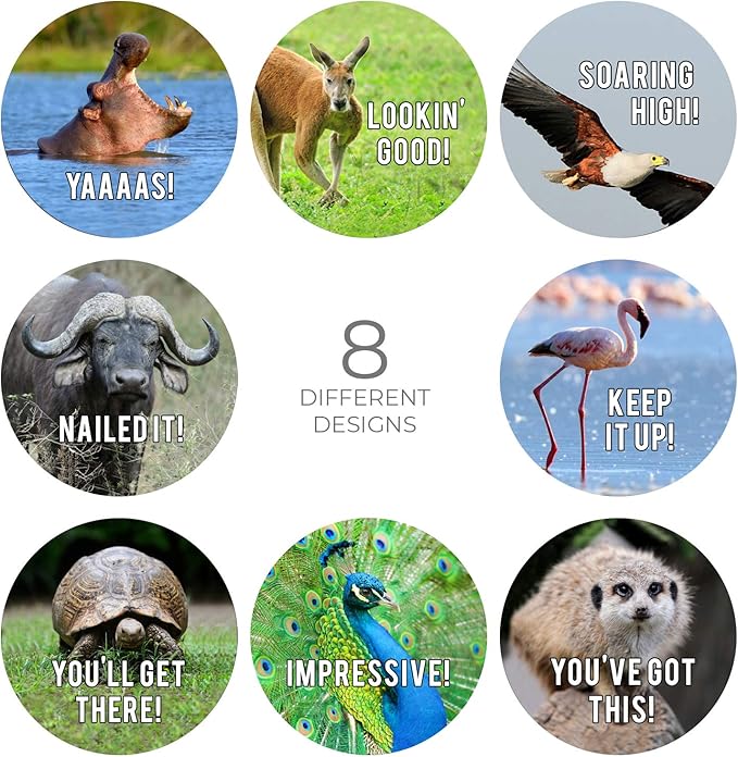 Motivational Animal Stickers / 500 Students Patients Incentive Labels Roll / 1.5" Funny Inspirational Animal School Clinic Reward Sticker / 8 Humorous Designs/Made in The USA