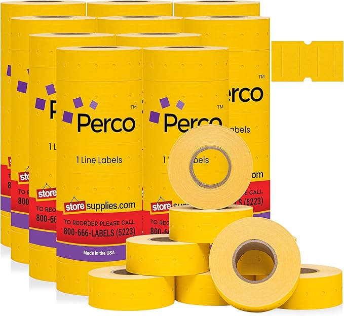 Perco 1 Line Yellow Labels - 80 Rolls, 10 Sleeves, 80,000 Blank Price and Date Gun Labels for Perco Lite, X, Plus and Pro 1 Line Price and Date Guns - Made in USA