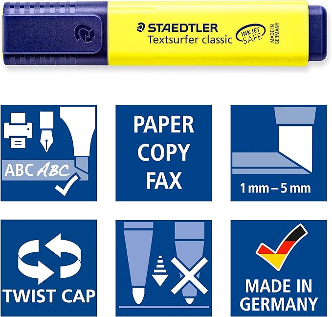 STAEDTLER Textsurfer Classic Highlighters - 4 Colors Rainbow Set with Stand, Ultra-Soft Chisel Tip, Fast-Drying Ink, Large Reservoir for Extended Use