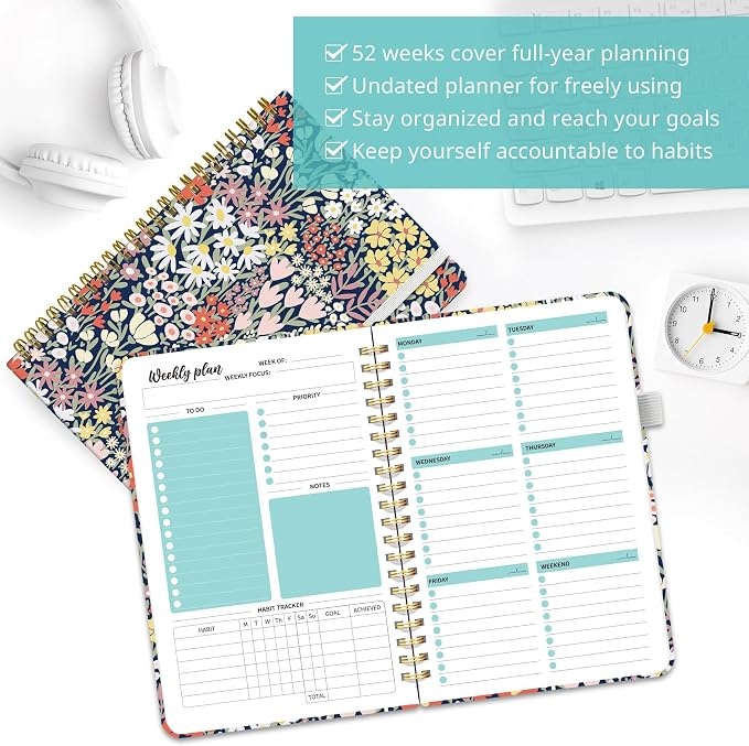 Taja Undated Weekly Planner, Weekly To Do List Notebook with Goal & Habit Tracker Organizer, A5 Weekly Planner Notebook with Spiral Binding, 6.1" x 8.2" - Petite Blooms