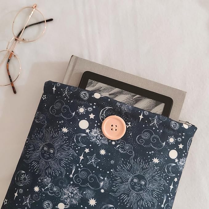 Celestial Book Sleeve - Elegant Book Cover with Wooden Button, Cotton Padded Protector for Paperbacks & Hardcovers, Ideal for Book Lovers, Durable Design (Celestial Bliss, Large)