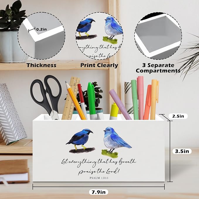 Blue Bird Christian Bible Verse Pen Holder, Christian Gifts Office Pen Pencil Holder Organizer for Desk Accessories, Bird Gifts Wooden Box Desk Decor for Home Office Desk Decorations