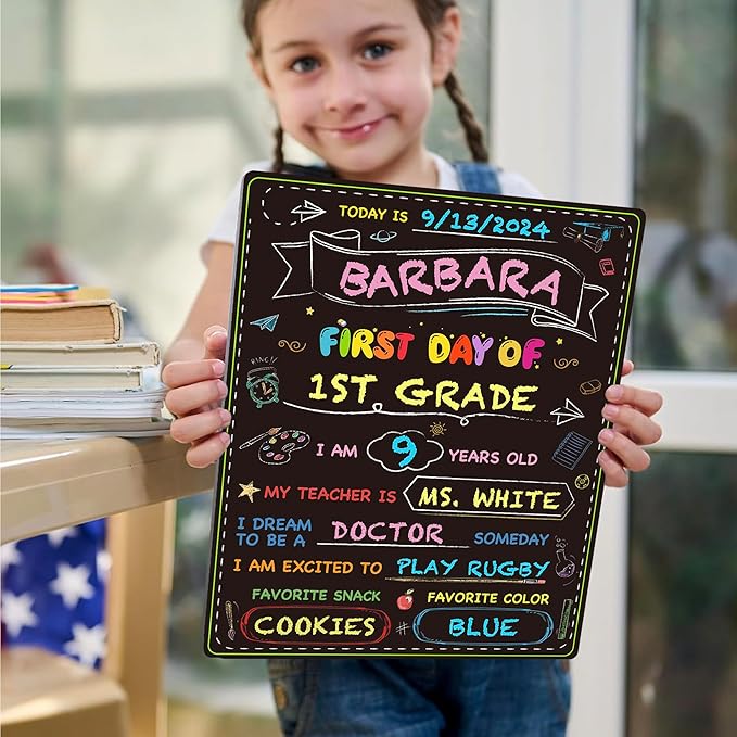 First Day of School Board, Back to School Sign, Reusable Color Painting Last Day Board, Washable Chalkboard Signs for Kindergarten Pre-K Gift 13" X 10.5"