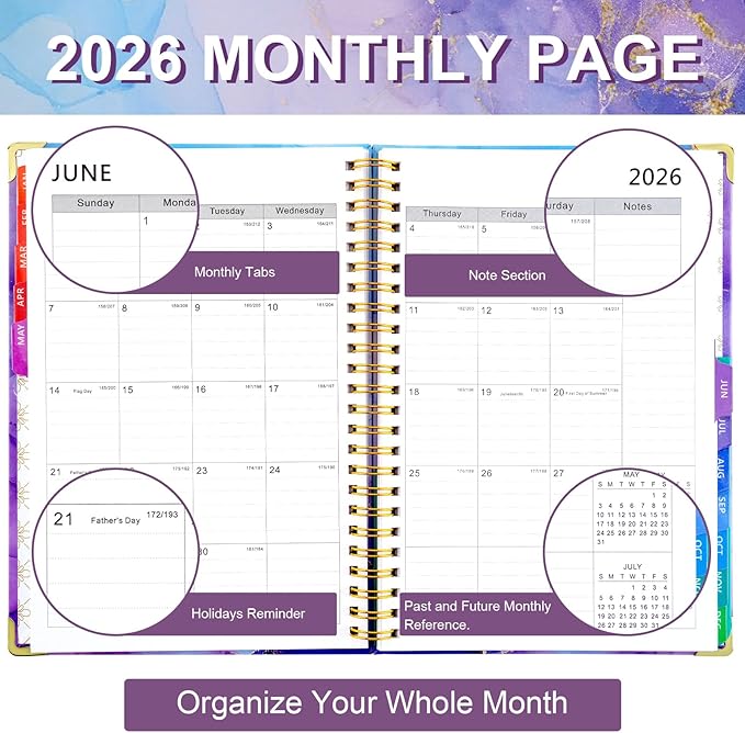 2026 Planner, Daily Weekly Monthly Planner with Tabs, 2026 monthly planner with Color Pen, Sticky Notes and Stickers, 6.2" x 8.5", Durable Twin Wire Binding, Storage Pocket - Purple Marble