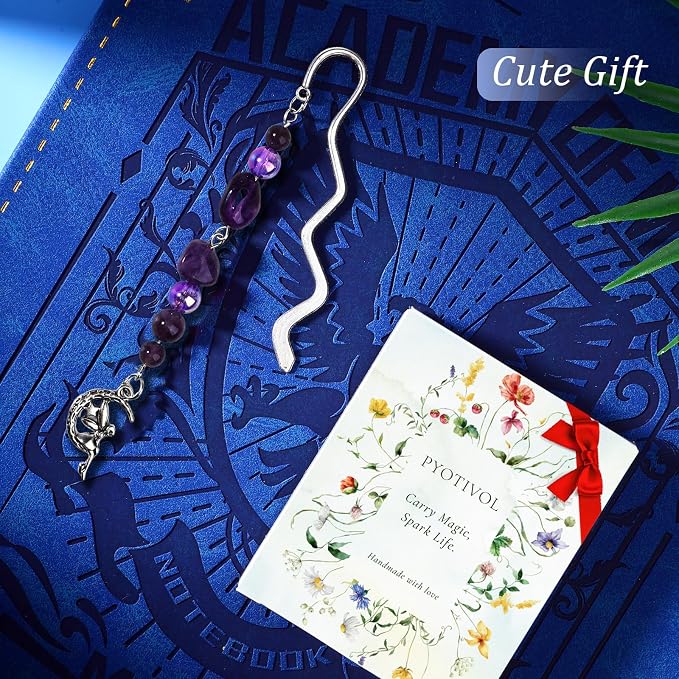 Vintage Metal Angel Bookmark Pendant with Natural Crystal Bead Chain–Elegant Fairy Bookmarks for Women,Men,Book Lovers,Teachers and Students(Amethyst)