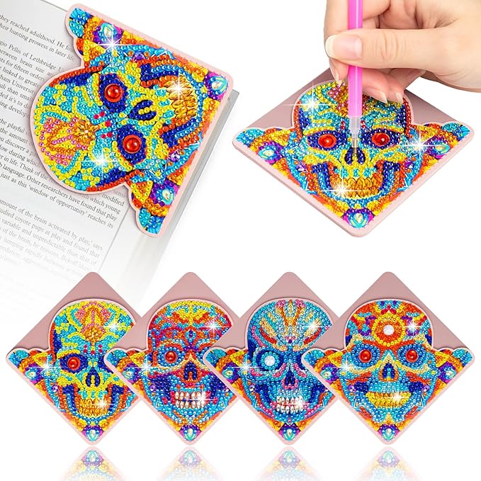 WIVICO 4 pcs Diamond Painting Bookmarks, DIY Diamond Art Kits for Adults, Book Corner - Protecting Bookmark Craft Supplies Kits for Book Lovers(Halloween Skull)