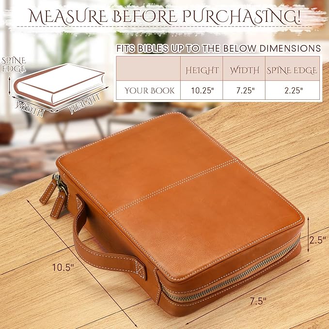 Top Grain Leather Bible Cover for Men Women Buffalo Genuine Leather Bible Case Book Holder Church Bag with Zipper Handle Back Pocket Bookmark Father's Day Religious Gift(Light Brown,Large)