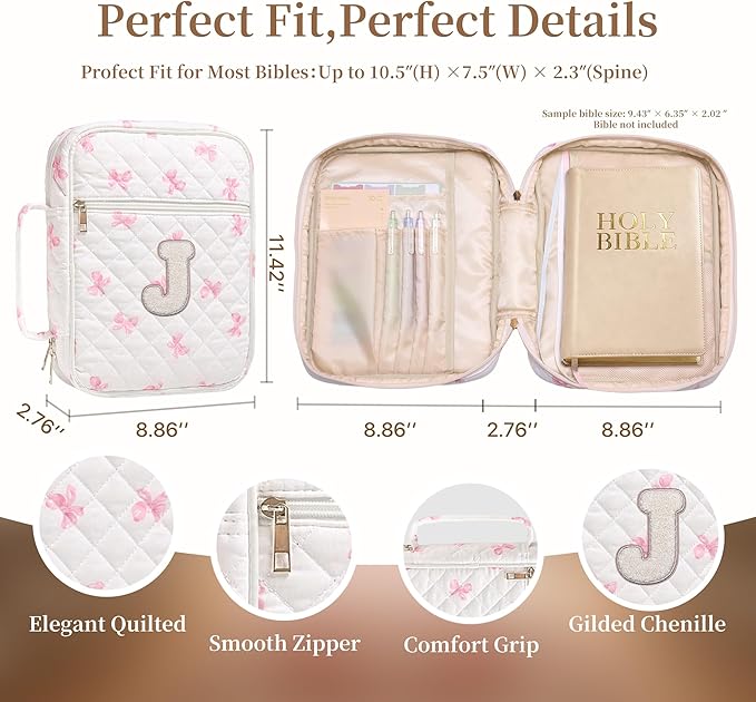Personalized Initial Bible Cover Case for Women – Large Quilted Bible Bag with Handle, Chenille Letter, Bible Study Kit, Christian Gift for Mom, Grandma & Daughter (Pink Bow-J)
