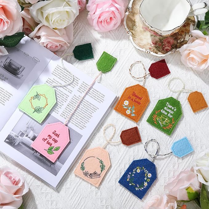 Honoson 6 Pcs Simple Tea Bag Bookmarks Tea Party Favors Garden Design Christmas Gift Bookmarks Cute Hand Embroidered for Women Mom Mother's Day Book Reading Lovers Gift