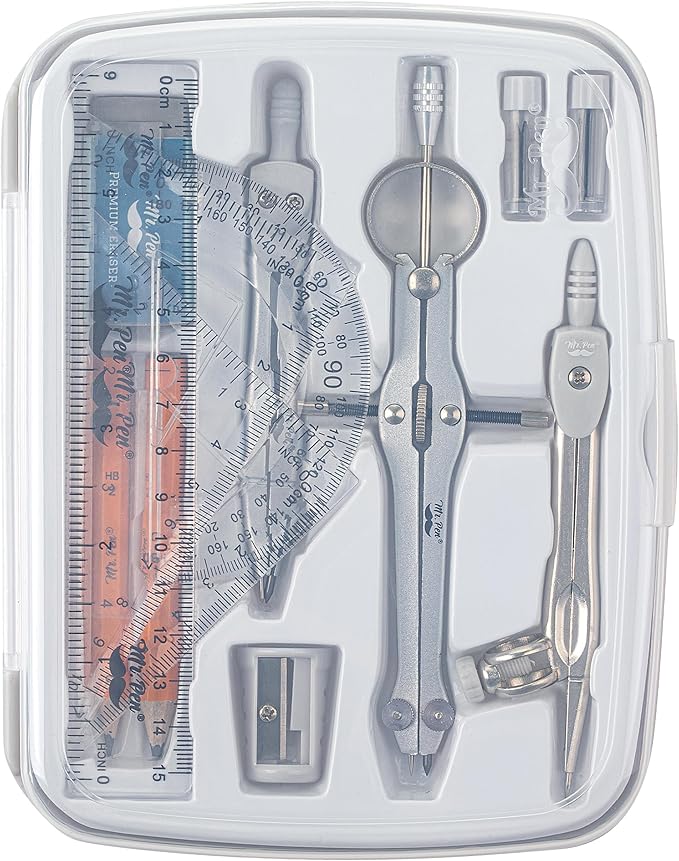 Mr. Pen- Geometry Set, 13 pcs, 3 Metal Compasses, Protractor, 6" Ruler, 45° & 30°/60° Set Squares, Pencils, Lead Refills, Sharpener & Eraser for Math, Drafting & Classroom Use