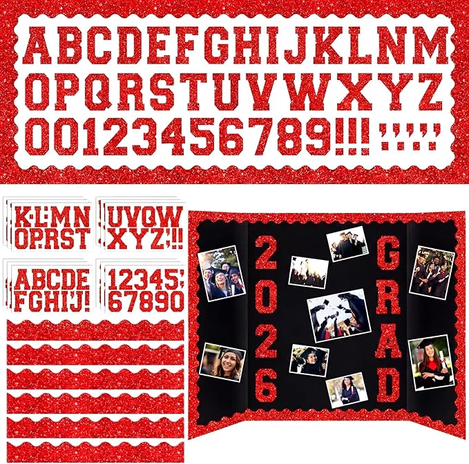 Red 175 Pcs Graduation Photo Display Board Sticker Glitter Border Trim Alphabet Letter Number for 2026 Grad Party Trifold Poster Photo Display Science Fairs Event Displays Bulletin Board