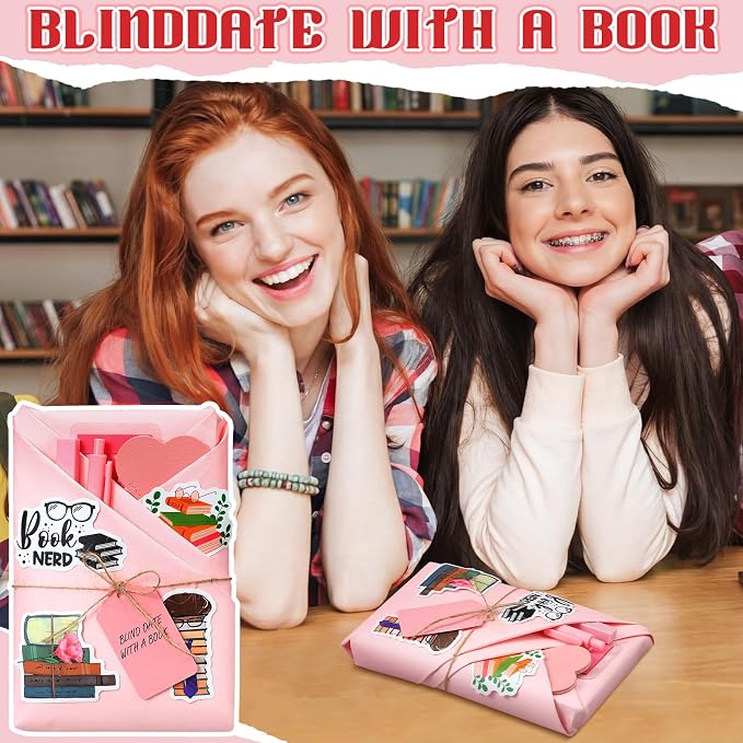 Sabary 6 Set Blind Date with a Book Gift Box Supplies Excluding Books Leather Bookmarks Stickers Kraft Tags Pens Wrapping Papers Mother's Day and Teacher's Day Graduation Book Lovers Club Gifts(Pink)