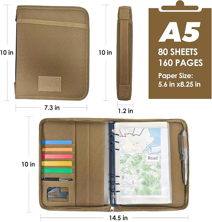 Tactical Notebook Cover, A5 Padfolio 6 Ring Binder with Big Back Pocket & Hand Strap, Zippered Hardcase Planner for Journal, College, Office, Field (Khaki, A5(7.3 x 10 inches))