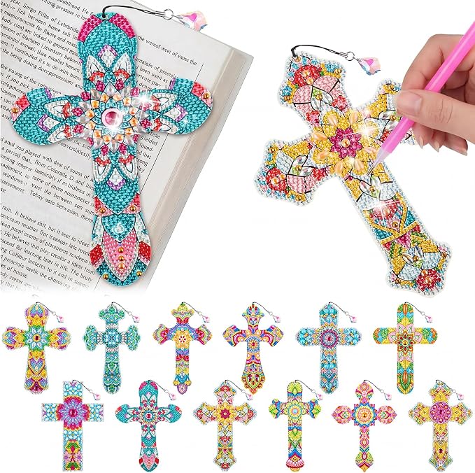 Tenceur 12 Pcs Cross Diamond Art Kit for DIY Religious Crystal 5D Diamond Painting Bookmarks Rhinestone Kits for Reading Lover Home Office Project Read DIY Crafts Gifts