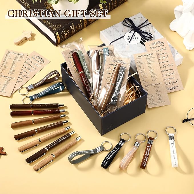 Feifeiya 40 Pcs/10 Sets Bulk Fathers Day Gifts for Church Christian Bible Verse Pen Religious Keychains Prayer Bookmarks Appreciation Gift for Teacher Employee Coworkers Women Men