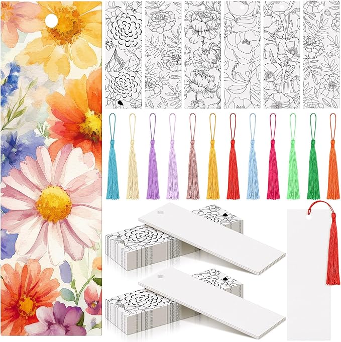 Sinmoe 120 Pcs Color Your Own Bookmarks 6 Styles Watercolor Bookmarks to Paint Card Stock Paper Watercolor Colorful Tassels Craft DIY for Classroom Projects Gifts Tags 5.9 x 2 Inch(Blooming Flowers)
