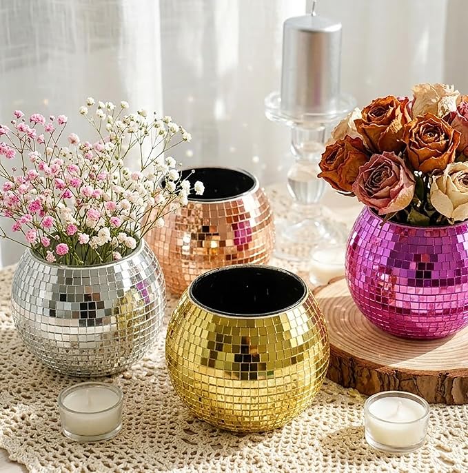 Disco Ball Pencil Holder for Desk - Cute Office Decor & Makeup Brush Organizer, 4.7 Inch Sparkly Glass Pen Cup, Fun Desk Accessories for Women (RAINBOW)