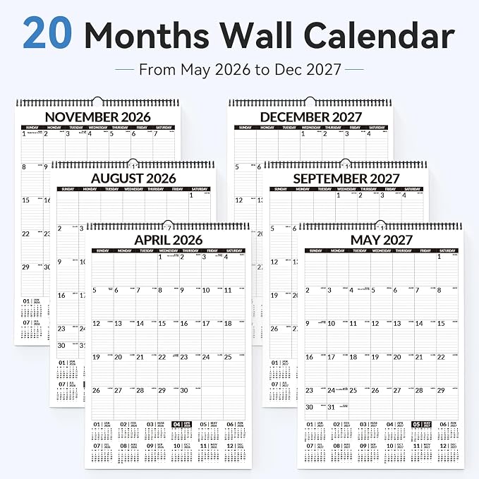 Forvencer 2026 Calendar, Extra Large 22"x15" Wall Calendar, 20-Month from May 2026 to Dec 2027, Big Numbers Bold Print, Vertical Hanging Monthly Planner, Spiral Hook & Stickers for Seniors Home Office