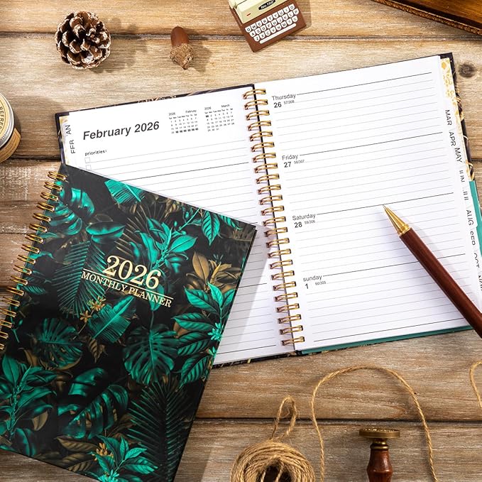 Planner 2026 - Weekly and Monthly Calendar Academic Planner, 2026 Yearly Daily Calendar Planning Agenda Book with Month Tabs, Jan to Dec 2026, With Stickers for Home Office School, 6.5" x 8.5" (Green leaves)