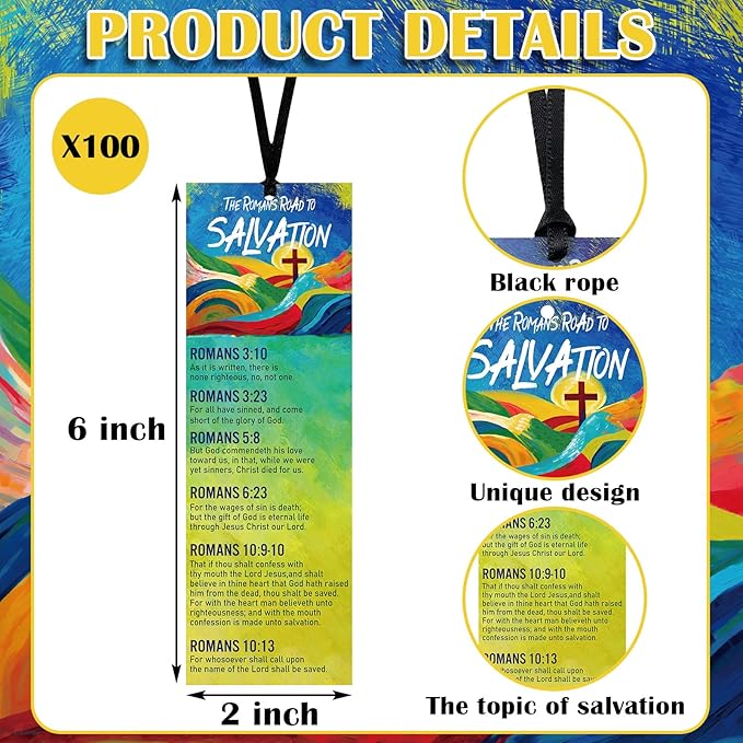 Fuyoooo 100 Pcs Romans Road to Salvation Bookmarks 6 x 2 Inches Roman's Road Bookmarks Gospel Tracts with 100 Pcs Hanging Strings Christian Inspirational Scripture Gift for Church Men Women
