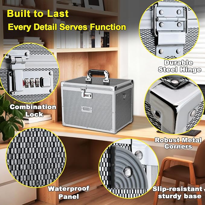 File Storage Cabinet File Organizer Document Organizer File Box in Office and Home with Combination Lock with 20 Letter Size Hanging Files (Diamond Silver)