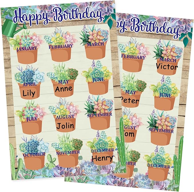 Happy Birthday Chart for Classroom, 2Pcs Birthday Poster Decoration 17’’ x 12’’ Birthday Succulents Calendar Cutouts for School Bulletin Board, Chalkboards, Wall Decor