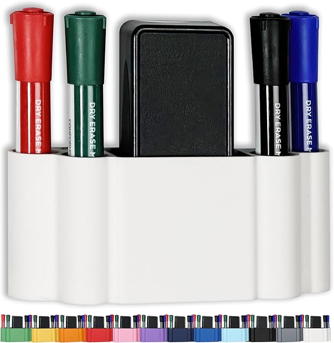Glassboard Studio Magnetic Dry Erase Marker Holder - Super Strong for Magnetic Glass Whiteboard or Fridge - 2 Large Neodymium Magnets - No Slip Grip - Eco-Friendly PLA Plastic (Snow White, KIT)