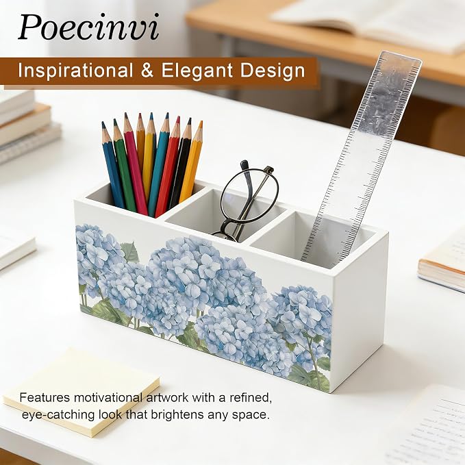 Vintage Blue Hydrangea Pen Holder for Home Office Desk, Hydrangea Decor, Rustic Cottagecore Blue Flower Botanical Wooden Box Sign Pencil Holder for Desk Shelf Organizer