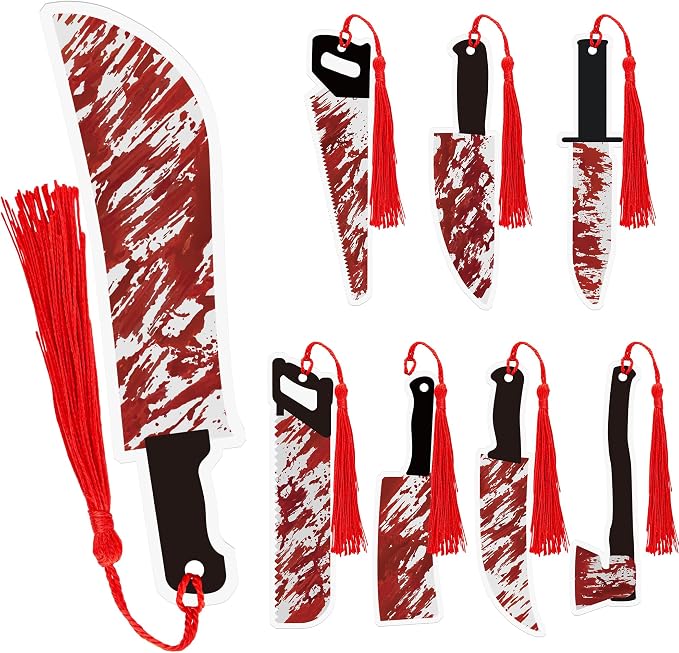 Halloween Horror Bookmarks Gifts - 8 Pcs Blood Knife Bookmark for Crime Books Lovers Spooky Novelty Book Markers with Red Tassels Gothic Reading Accessories Birthday Holiday Gift