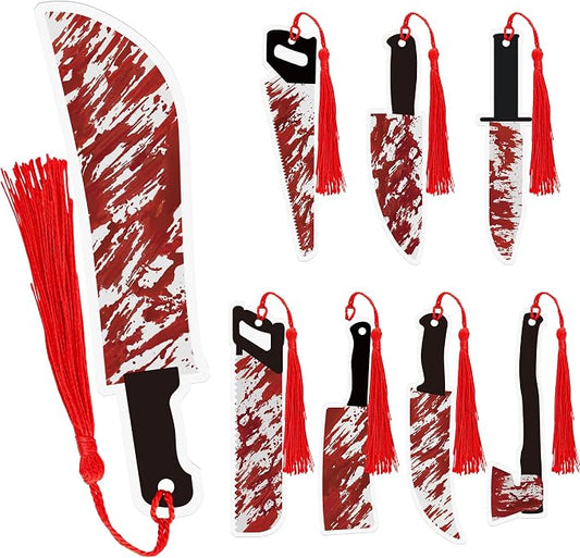 Halloween Horror Bookmarks Gifts - 8 Pcs Blood Knife Bookmark for Crime Books Lovers Spooky Novelty Book Markers with Red Tassels Gothic Reading Accessories Birthday Holiday Gift