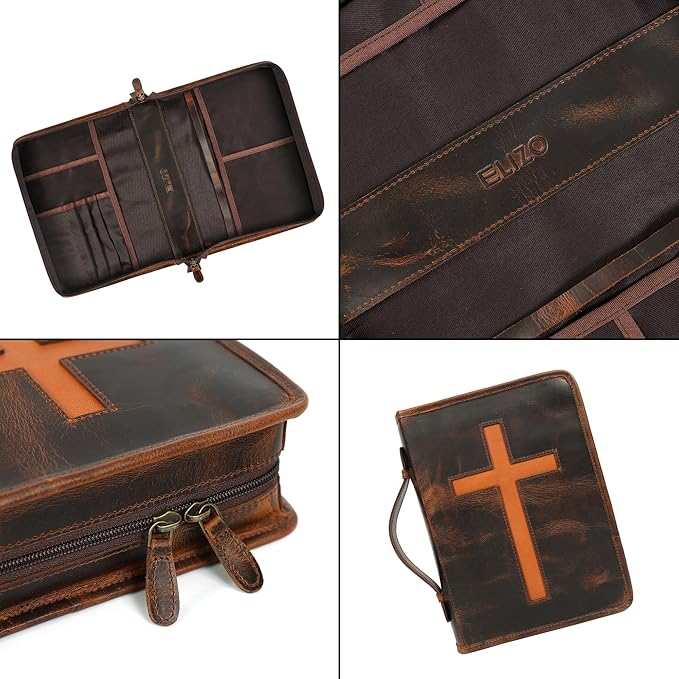 ELIZO Leather Bible Cover Case for Men Women Genuine Leather Bible Bag Holder Cross Large Carrying with Zipper Case Protector Christian Religious Gifts for Mens Timber Study