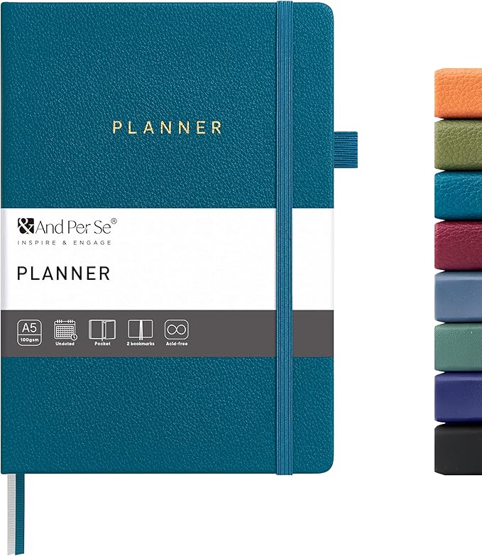 And Per Se Undated Weekly Planner 2026, A5 size Leather Hardcover Planner with Goals & Habit Tracker – ADHD Planner & Productivity Journal (Dark Turquoise)