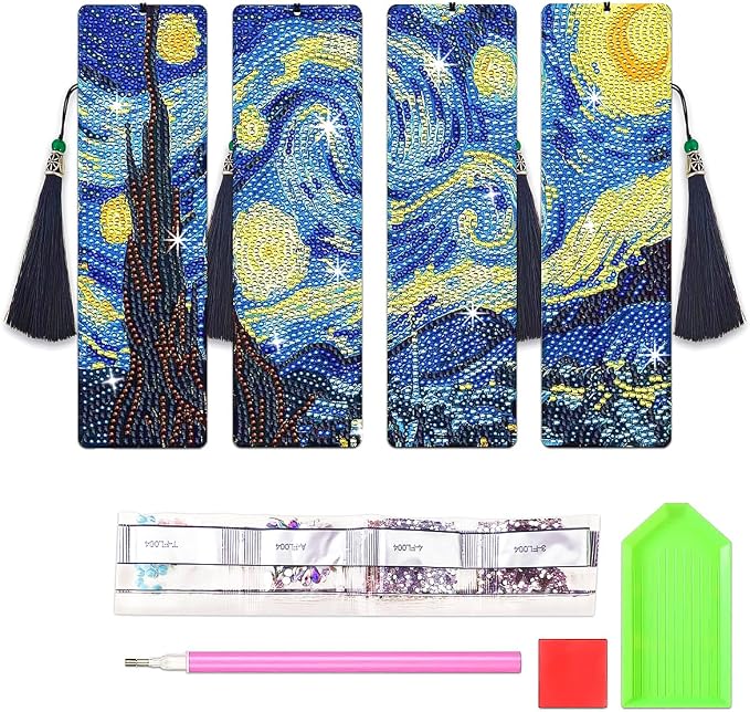 4 PCS Diamond Art Bookmarks Van Gogh Starry Night, DIY Acrylic Diamond Painting Bookmarks Kits for Adult Reader and Crafts Lovers